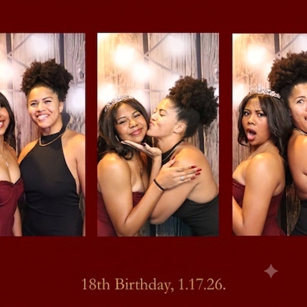 Three photo booth images of smiling people celebrating an 18th birthday on January 17, 2026, in a red-themed setting