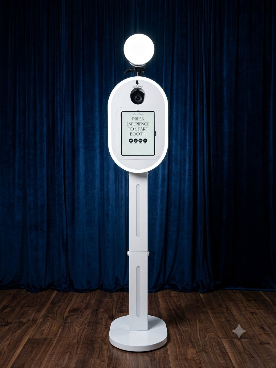 White interactive photo booth kiosk with circular mirror top on wooden floor against a blue velvet curtain backdrop