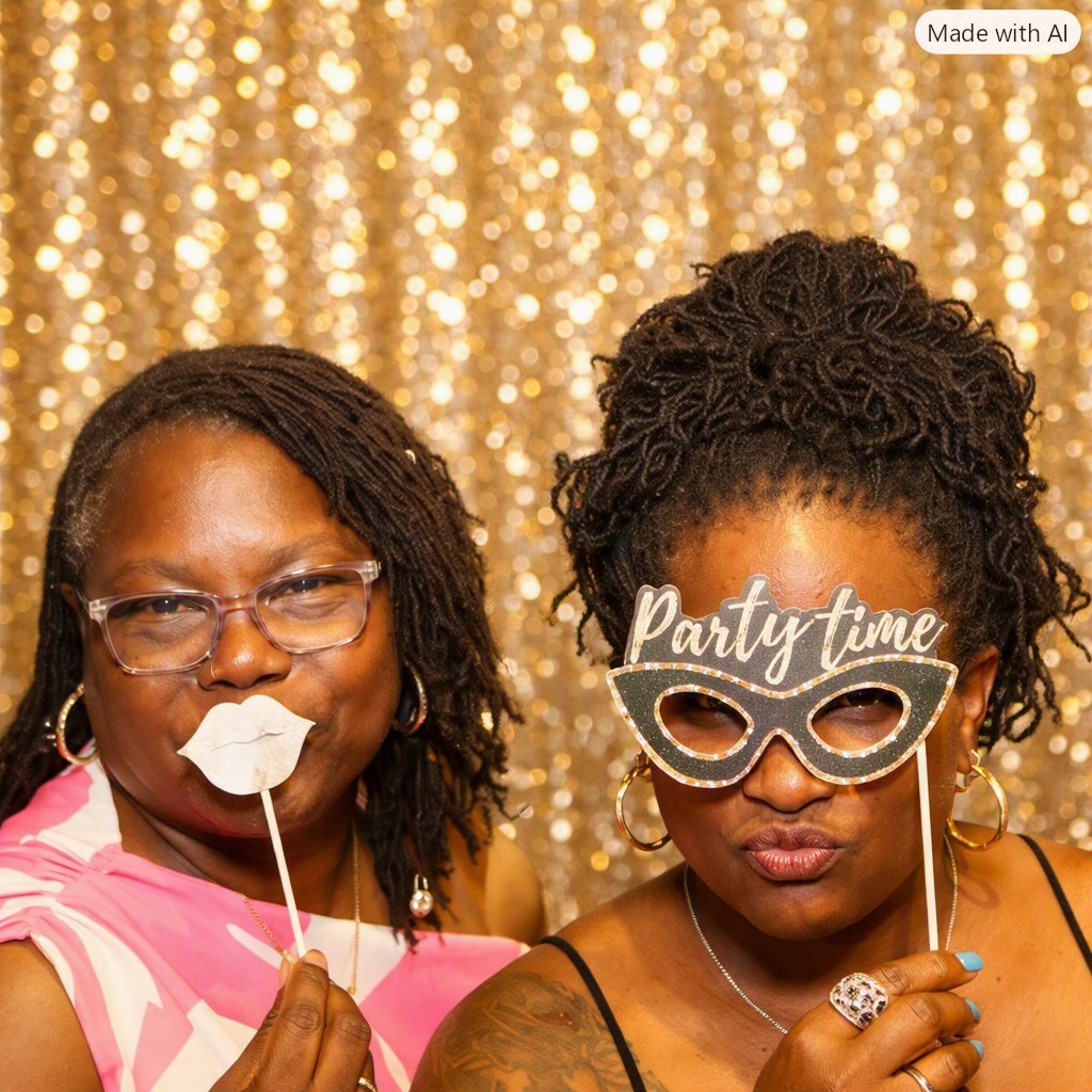 Two women posing with party props in front of a gold sequin backdrop at a celebration event